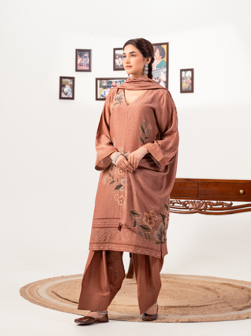 Banglori Tussar Printed Handwork Unstitched Suit Set