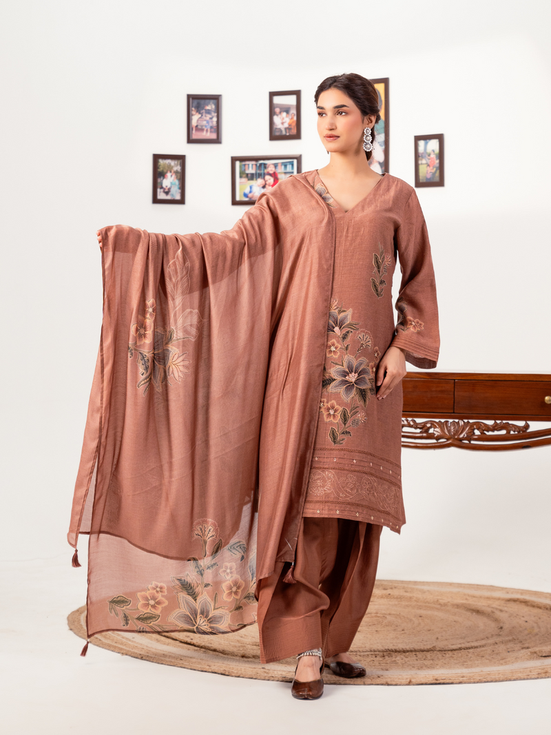 Banglori Tussar Printed Handwork Unstitched Suit Set