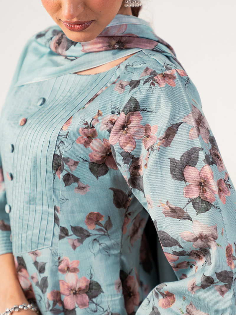 Pastel Blue Printed Unstitched Suit Set