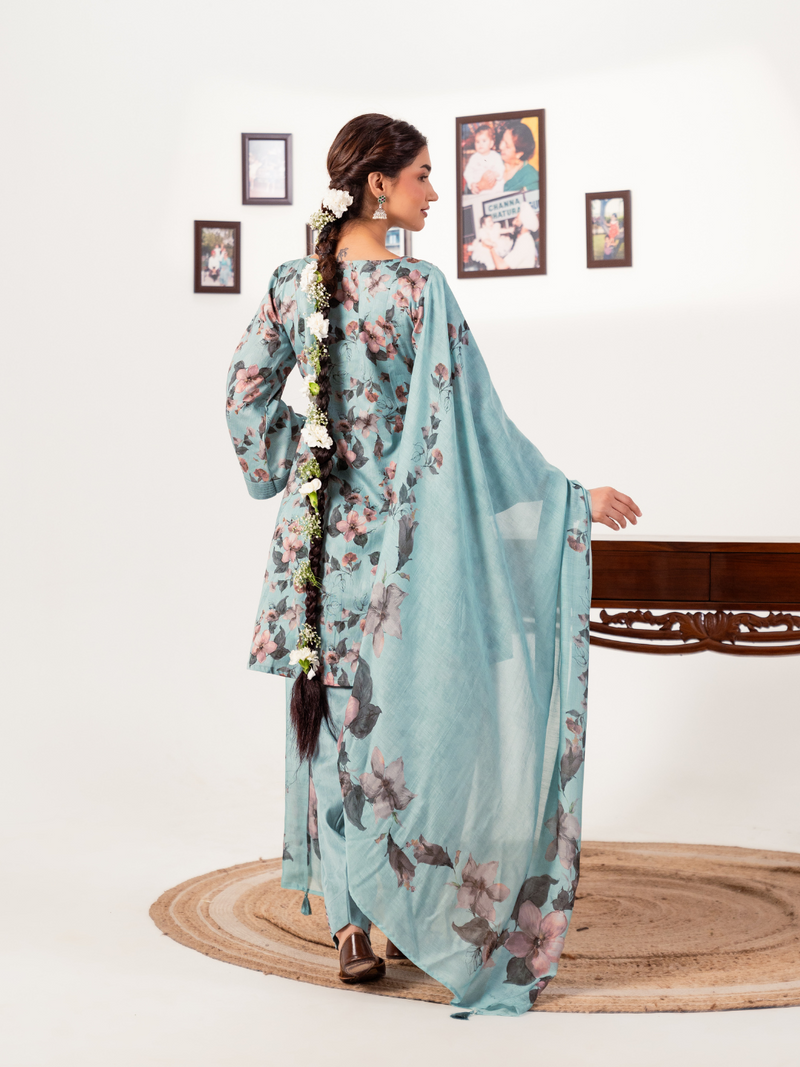 Pastel Blue Printed Unstitched Suit Set