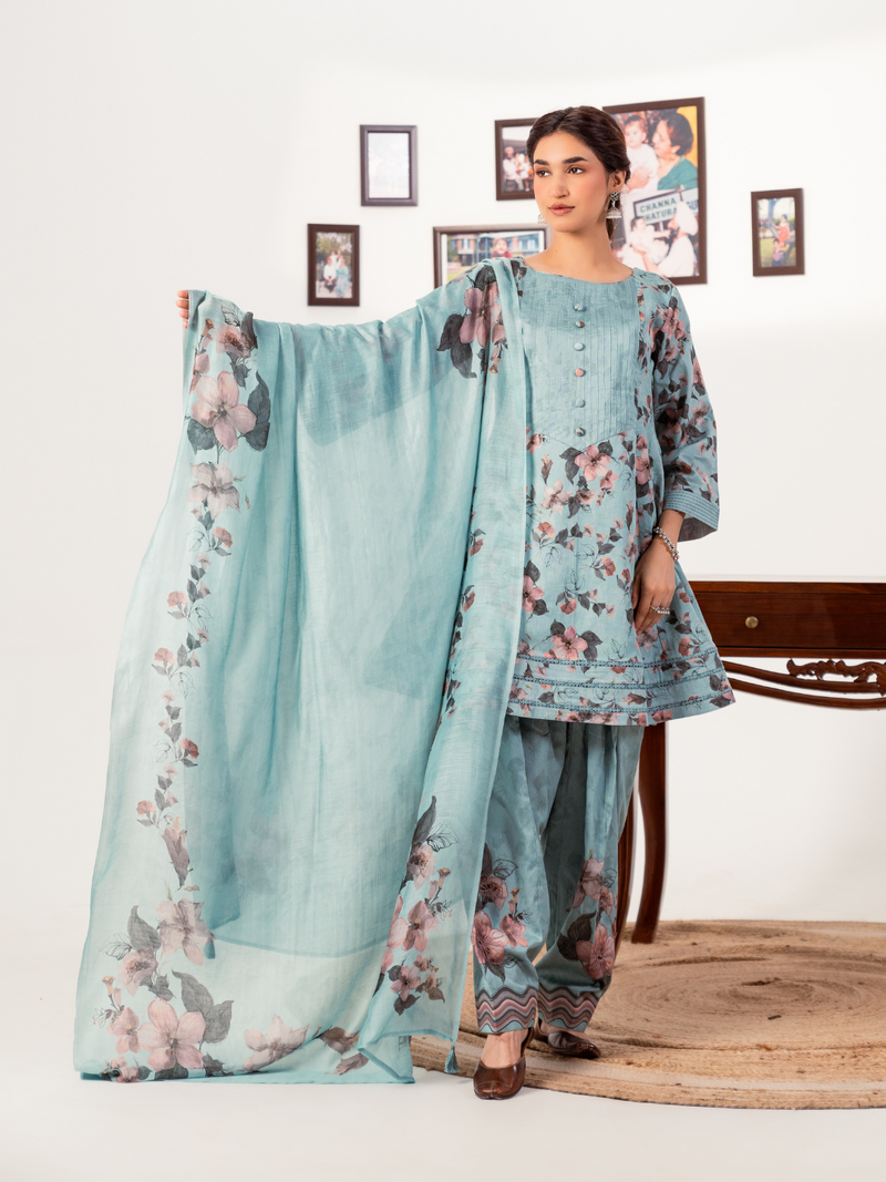 Pastel Blue Printed Unstitched Suit Set
