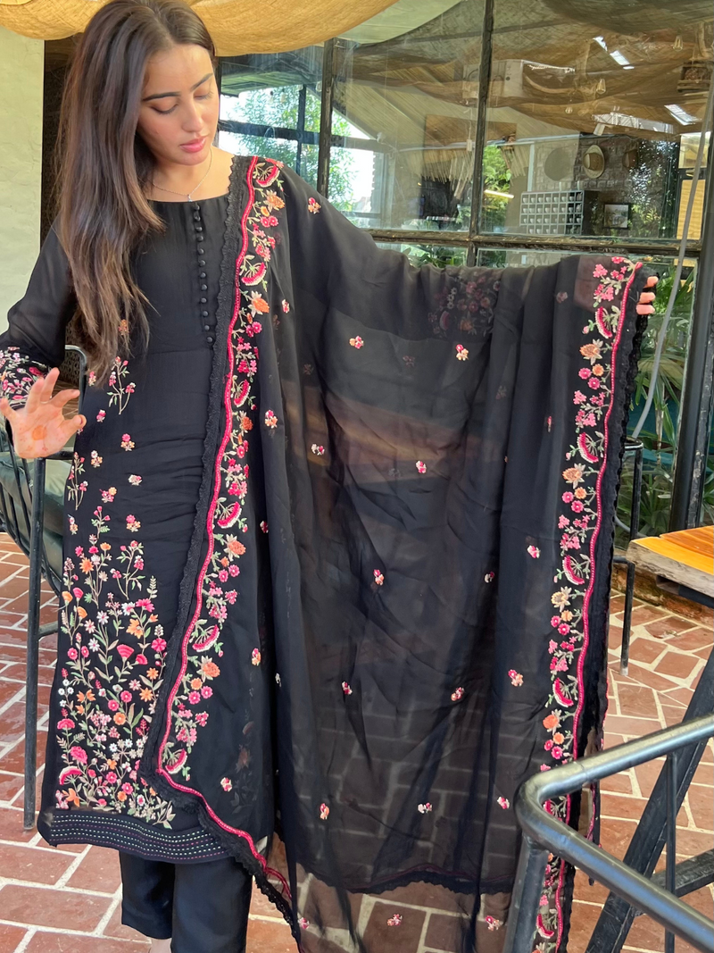 Black Organza Embroidered Unstitched Suit Set