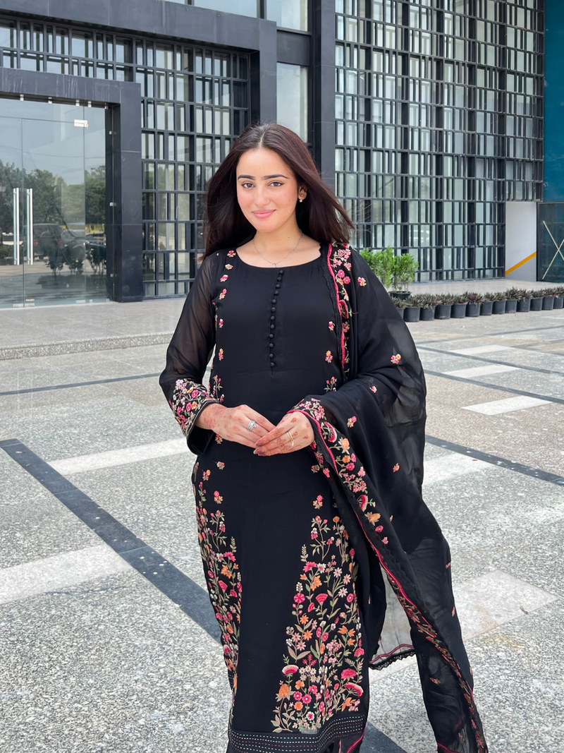 Black Organza Embroidered Unstitched Suit Set