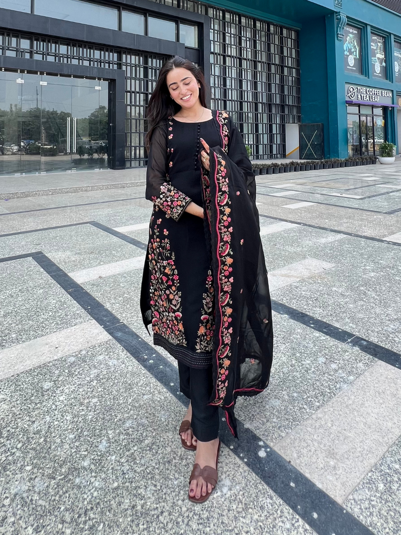 Black Organza Embroidered Unstitched Suit Set