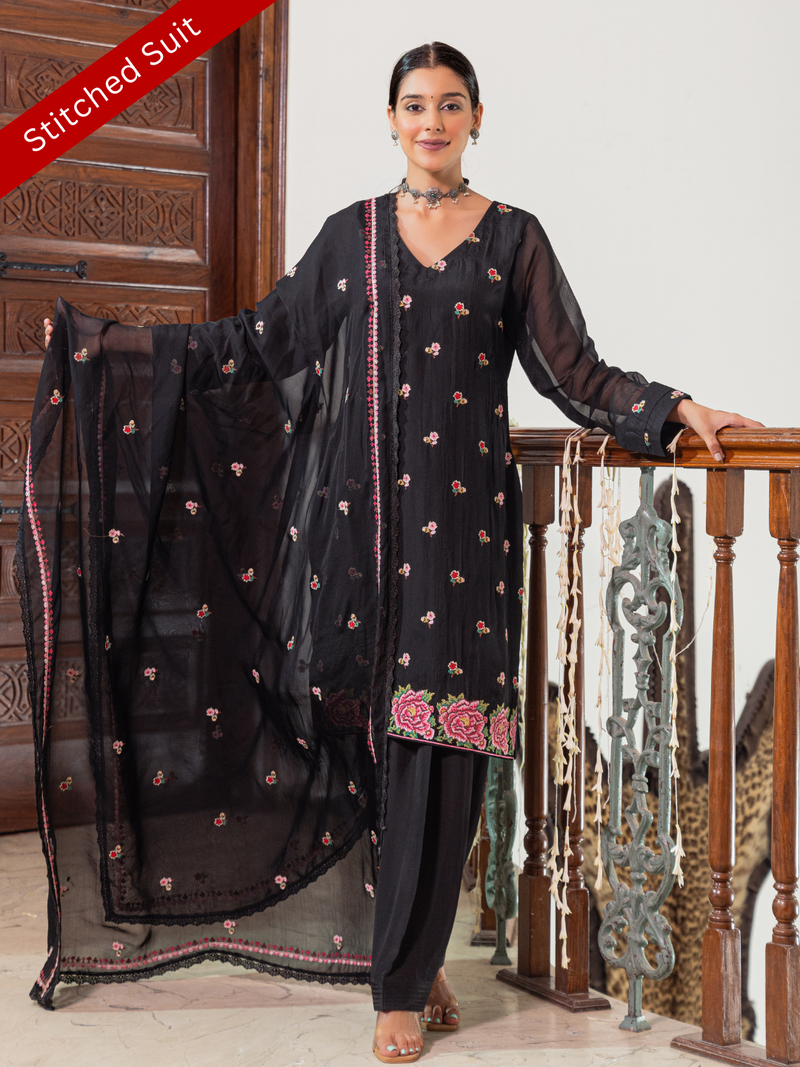 Black Organza Stitched Suit Multi-Thread Embroidery & Bottom Work