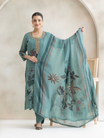 Teal Organza Unstitched Suit Multi-Thread Embroidery & Handwork