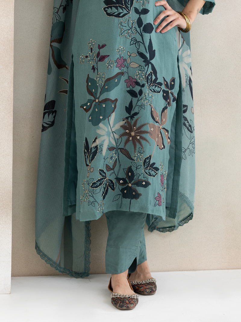 Teal Organza Unstitched Suit Multi-Thread Embroidery & Handwork