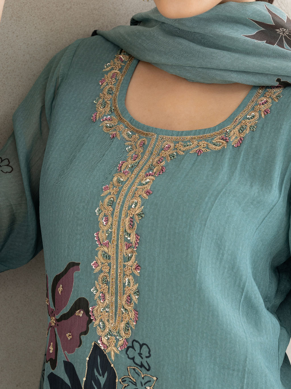 Teal Organza Unstitched Suit Multi-Thread Embroidery & Handwork