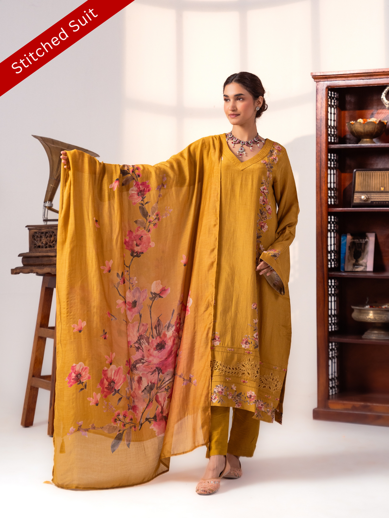 Muslin Printed Hand Embroidered Stitched Suit Set