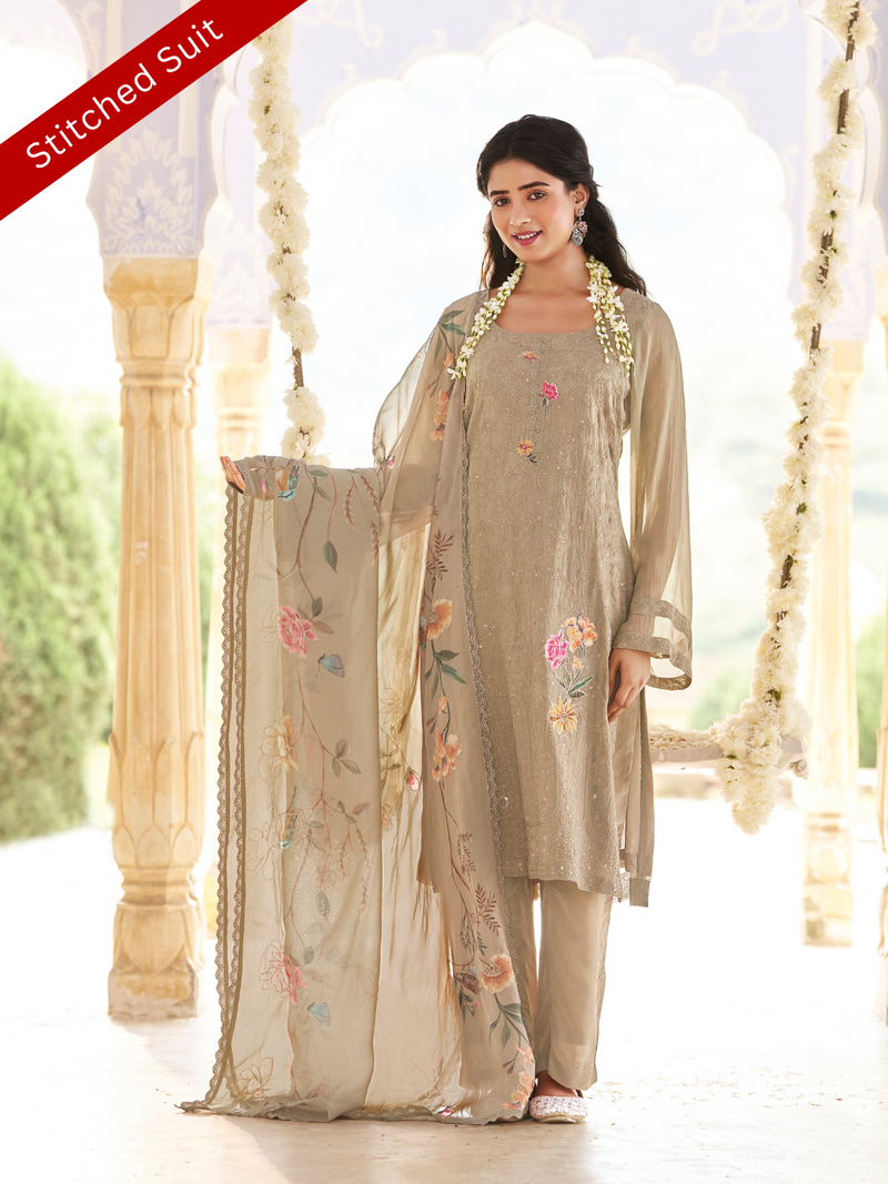 Tortilla Brown Georgette Chikankari Stitched Suit Set with Patch & Zari Work