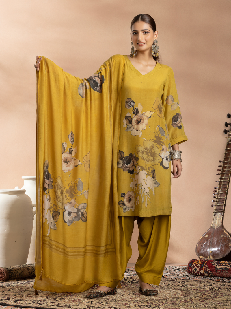 Buttery Mustard Soft Muslin Printed Unstitched Suit Set