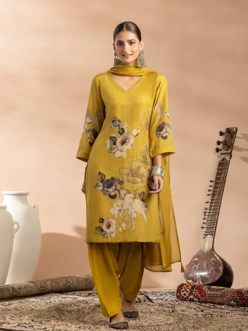 Buttery Mustard Soft Muslin Printed Unstitched Suit Set