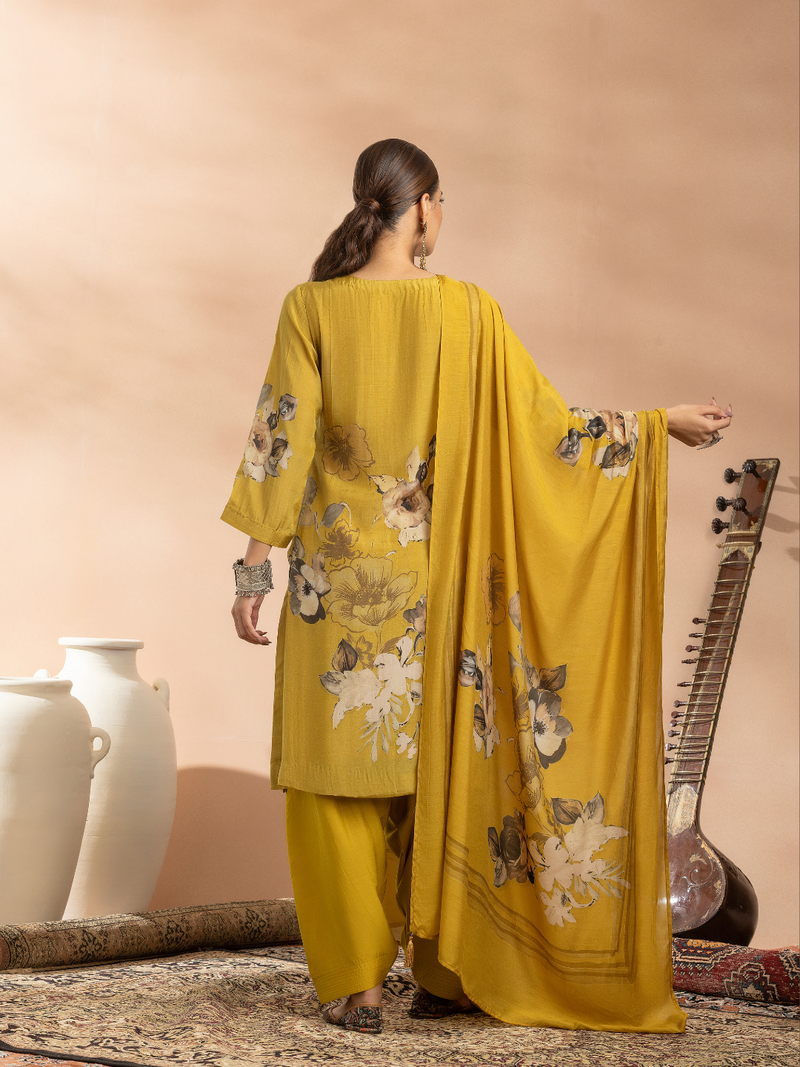 Buttery Mustard Soft Muslin Printed Unstitched Suit Set
