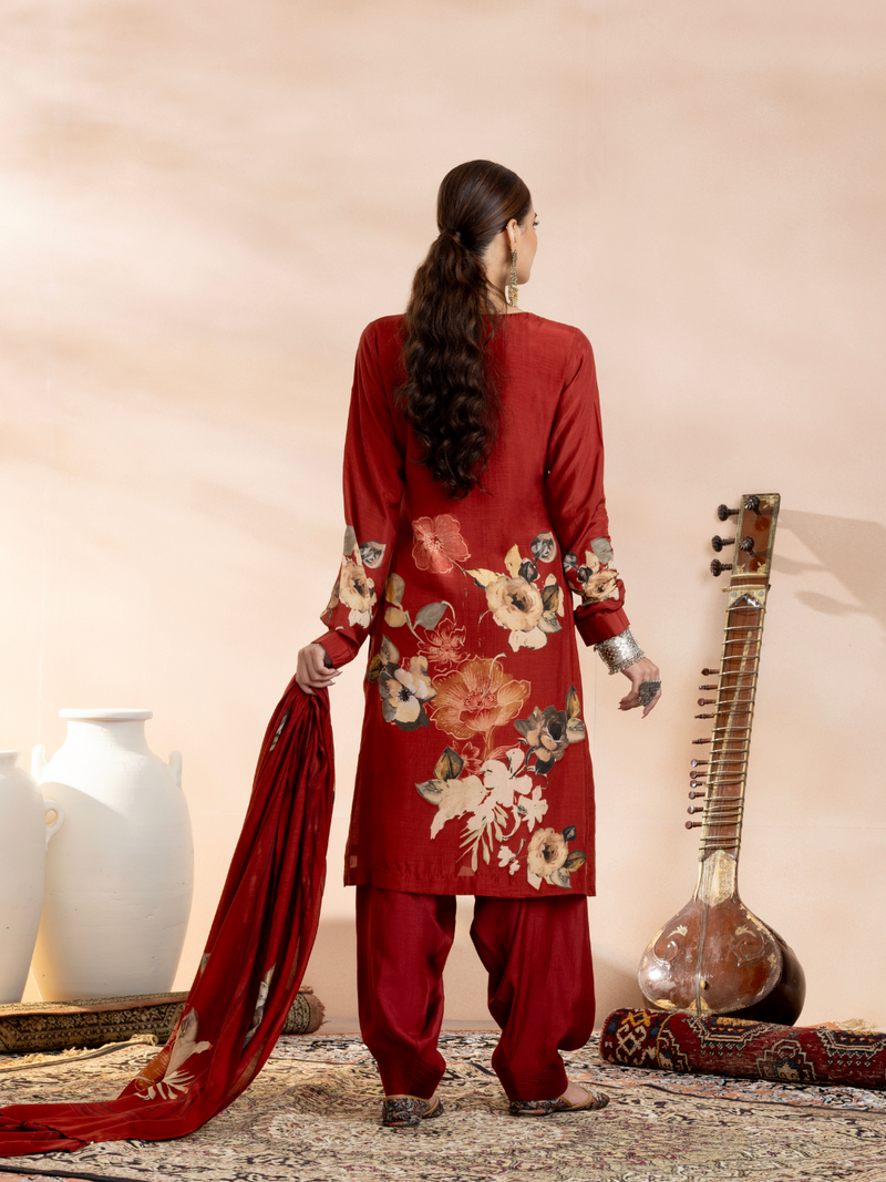 Deep Red Soft Muslin Printed Unstitched Suit Set