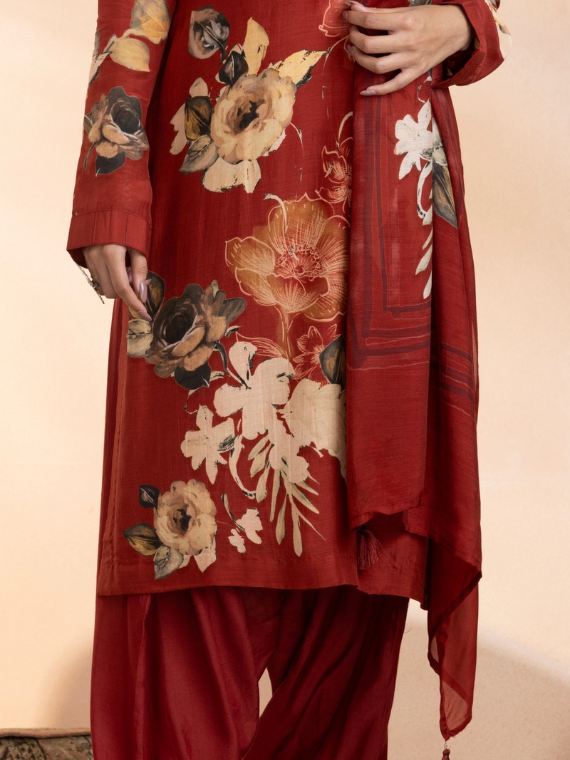 Deep Red Soft Muslin Printed Unstitched Suit Set
