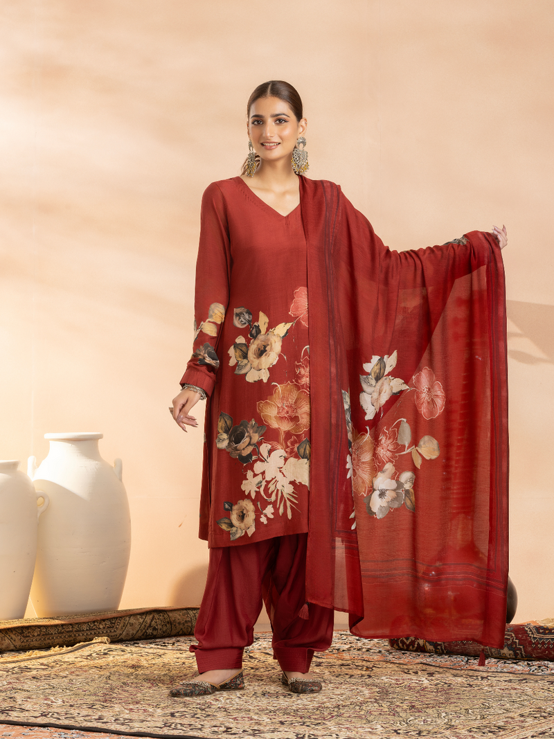 Deep Red Soft Muslin Printed Unstitched Suit Set