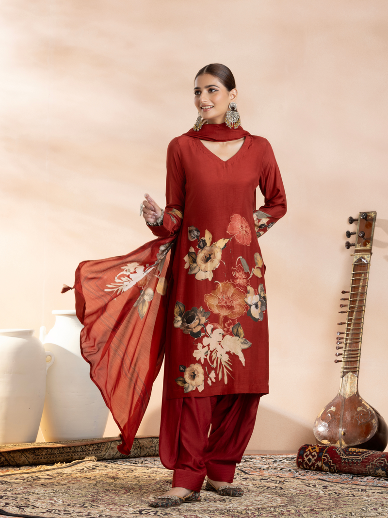 Deep Red Soft Muslin Printed Unstitched Suit Set