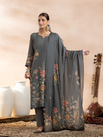Metallic Grey Soft Muslin Printed Unstitched Suit Set