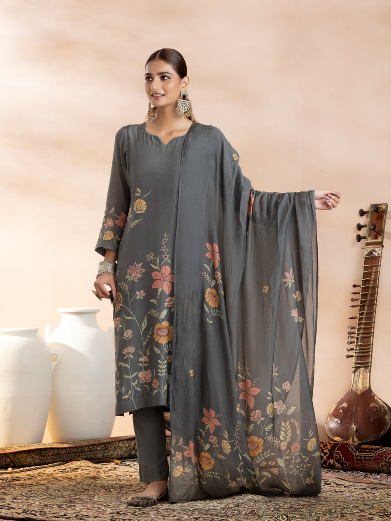 Metallic Grey Soft Muslin Printed Unstitched Suit Set
