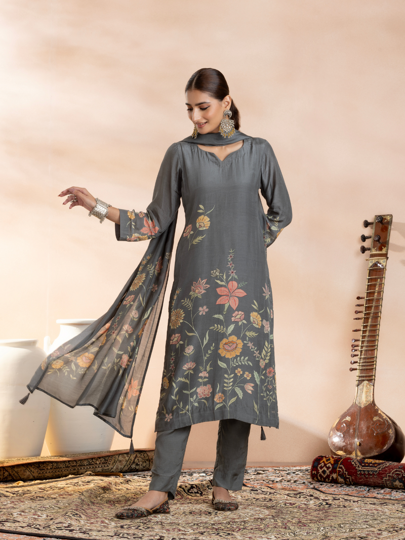 Metallic Grey Soft Muslin Printed Unstitched Suit Set
