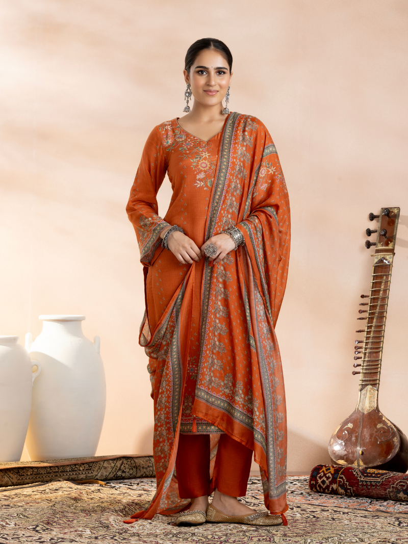 Burnt Orange Soft Muslin Printed Unstitched Suit Set