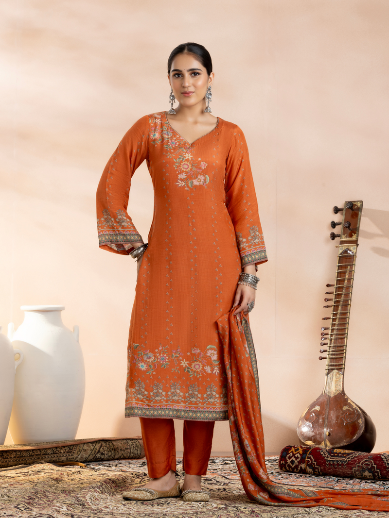 Burnt Orange Soft Muslin Printed Unstitched Suit Set