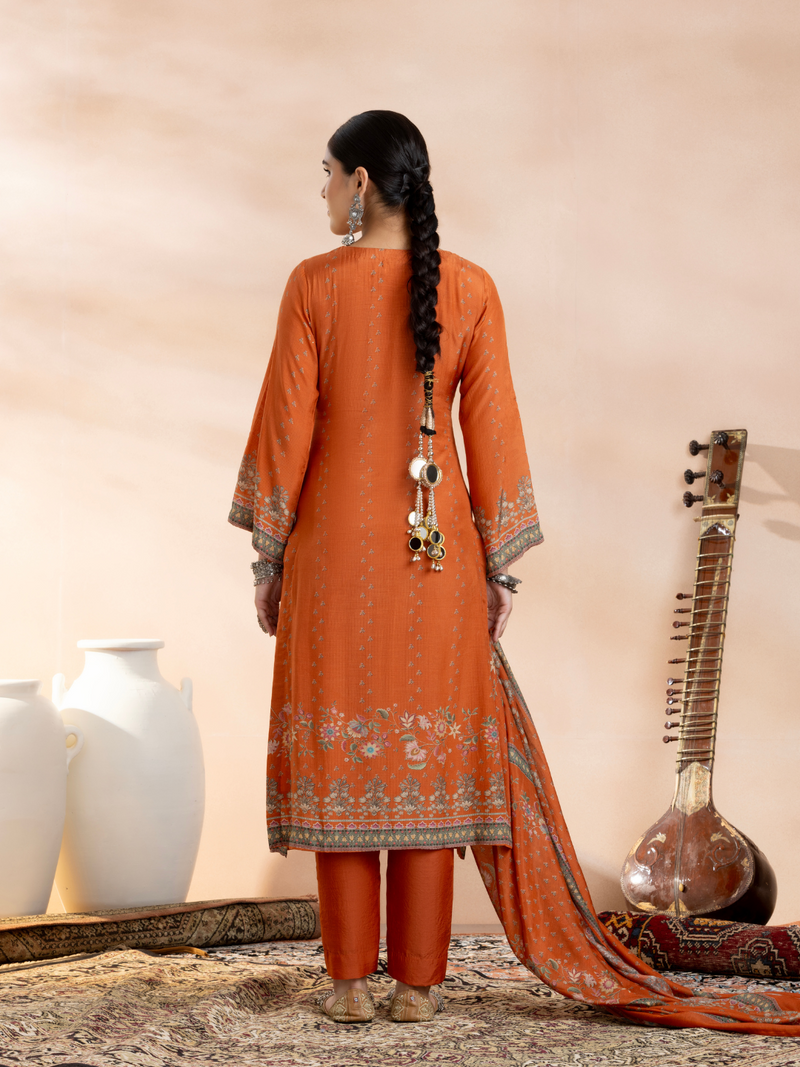 Burnt Orange Soft Muslin Printed Unstitched Suit Set