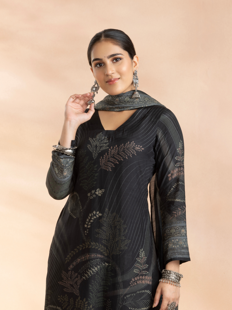 Black Soft Muslin Printed Unstitched Suit Set