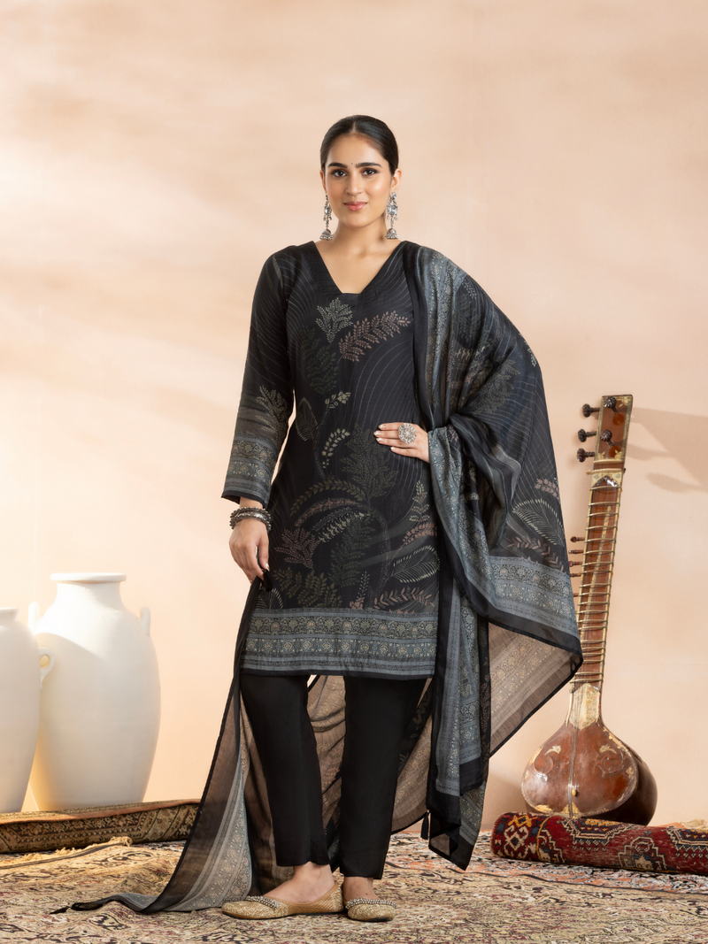 Black Soft Muslin Printed Unstitched Suit Set