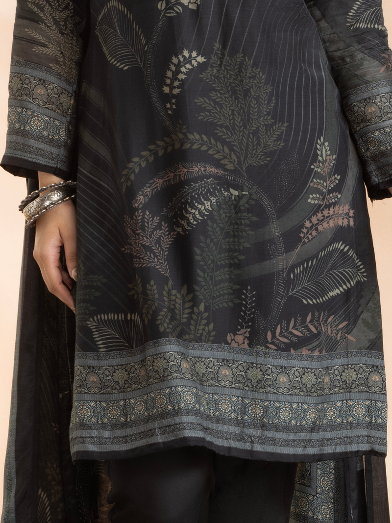 Black Soft Muslin Printed Unstitched Suit Set