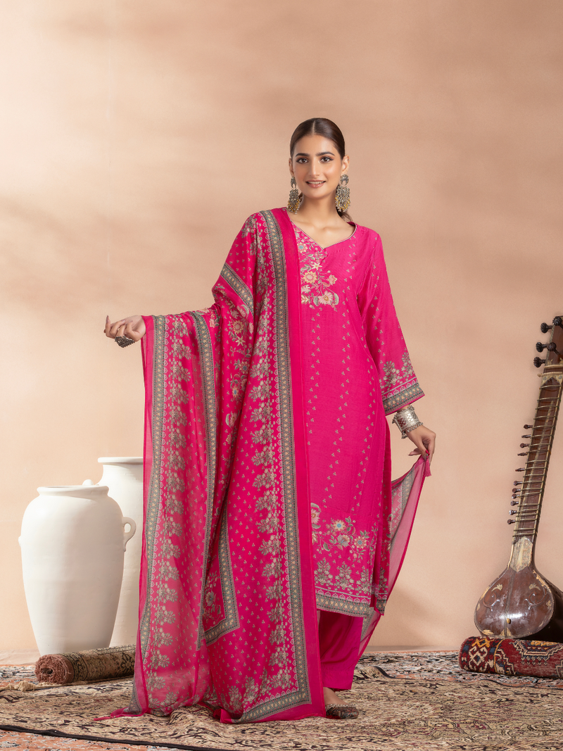 Pink Soft Muslin Printed Unstitched Suit Set