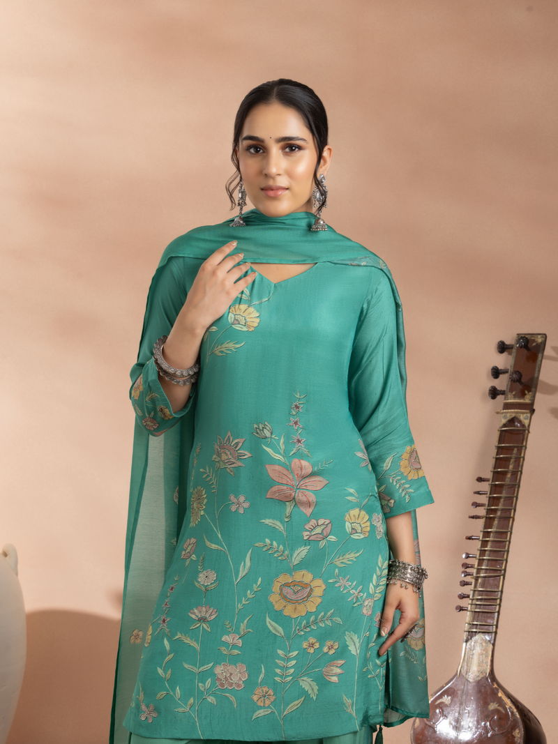 Pine Green Soft Muslin Printed Unstitched Suit Set