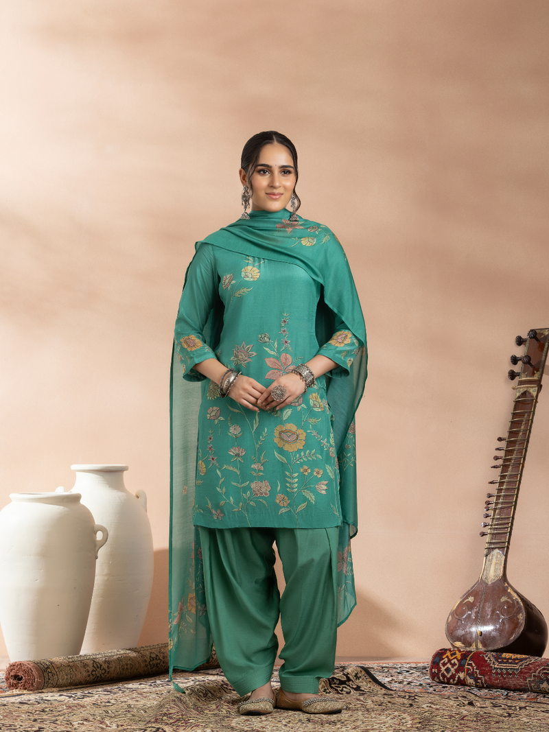 Pine Green Soft Muslin Printed Unstitched Suit Set