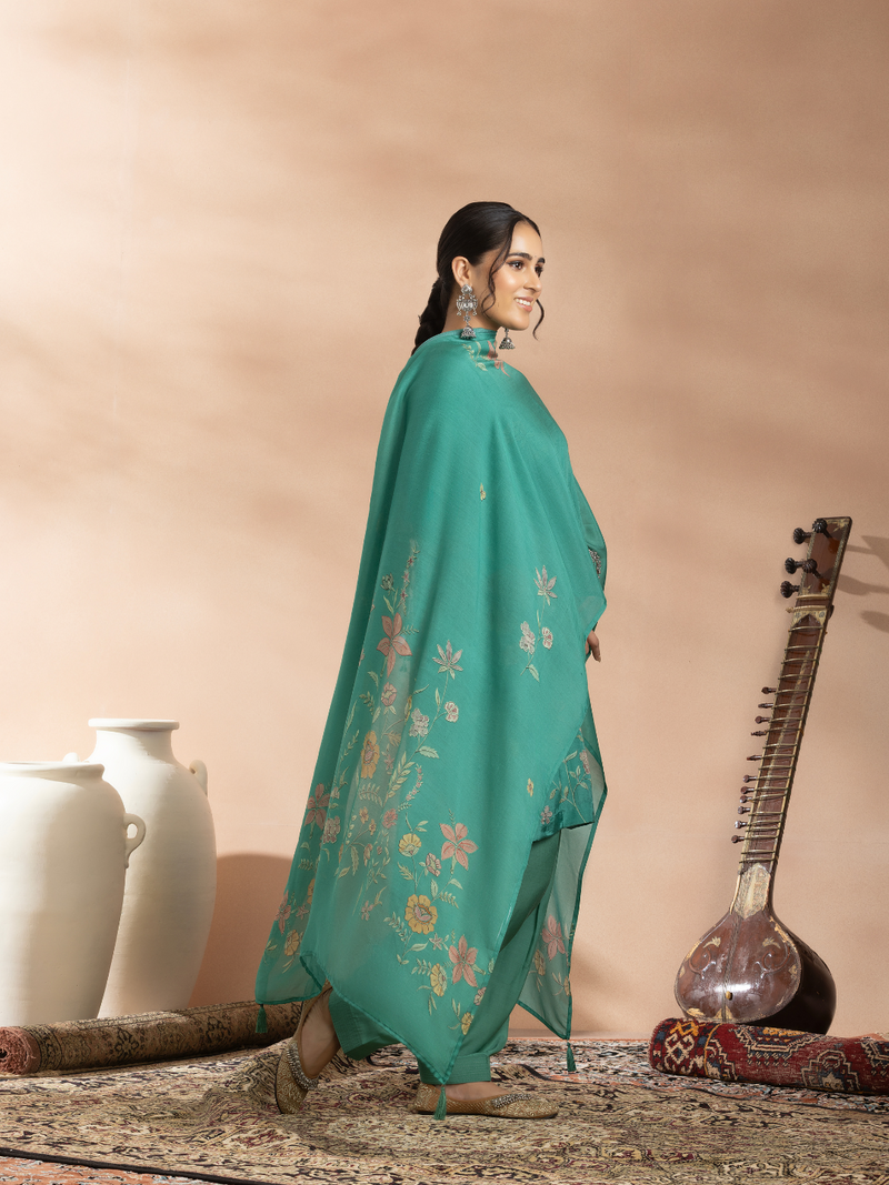 Pine Green Soft Muslin Printed Unstitched Suit Set
