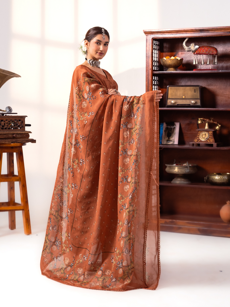 Rust Organza Printed Unstitched Suit Set With Handwork & Embroidery