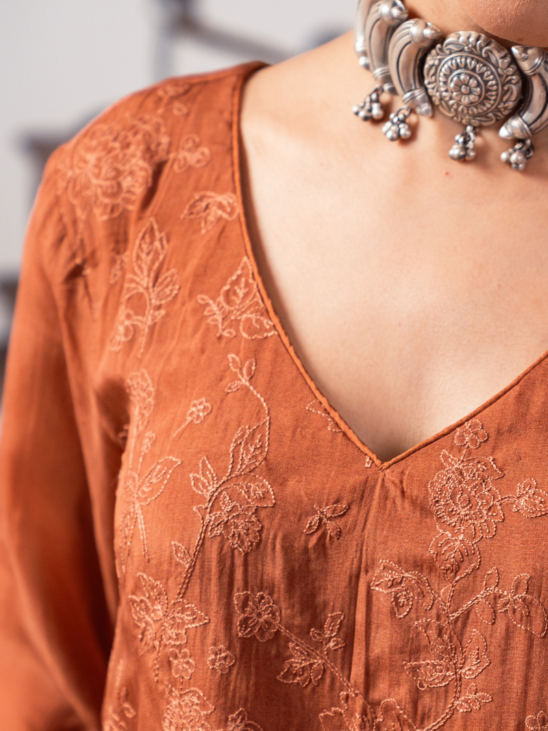 Rust Organza Printed Unstitched Suit Set With Handwork & Embroidery