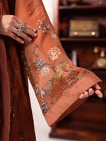 Rust Organza Printed Unstitched Suit Set With Handwork & Embroidery