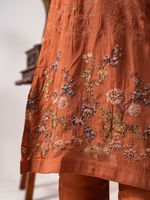 Rust Organza Printed Unstitched Suit Set With Handwork & Embroidery