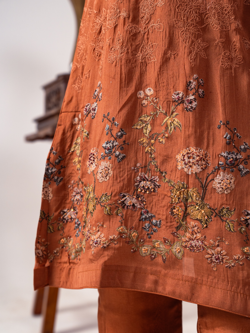 Rust Organza Printed Unstitched Suit Set With Handwork & Embroidery