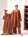 Rust Organza Printed Unstitched Suit Set With Handwork & Embroidery
