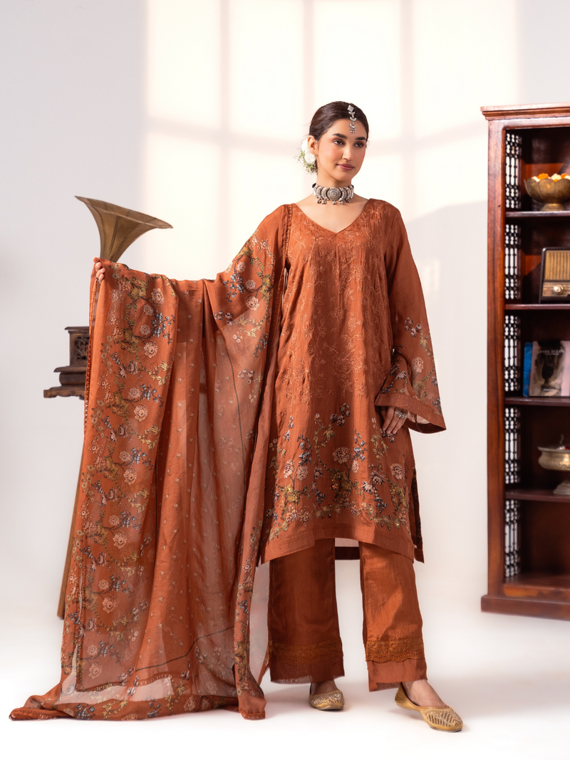Rust Organza Printed Unstitched Suit Set With Handwork & Embroidery