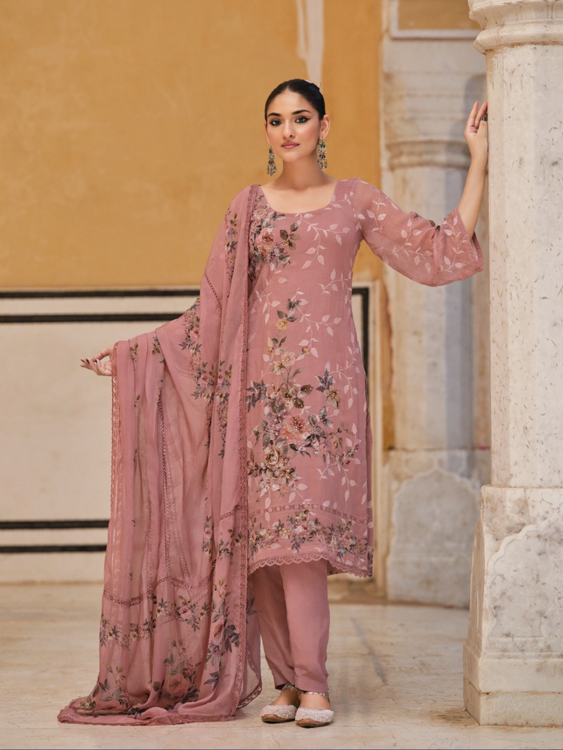 Pink Sequins Embroidered Organza Party Wear Unstitched Suit Set