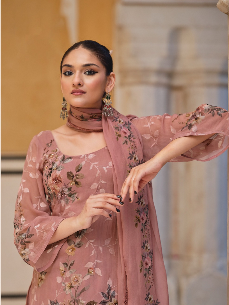 Pink Sequins Embroidered Organza Party Wear Unstitched Suit Set