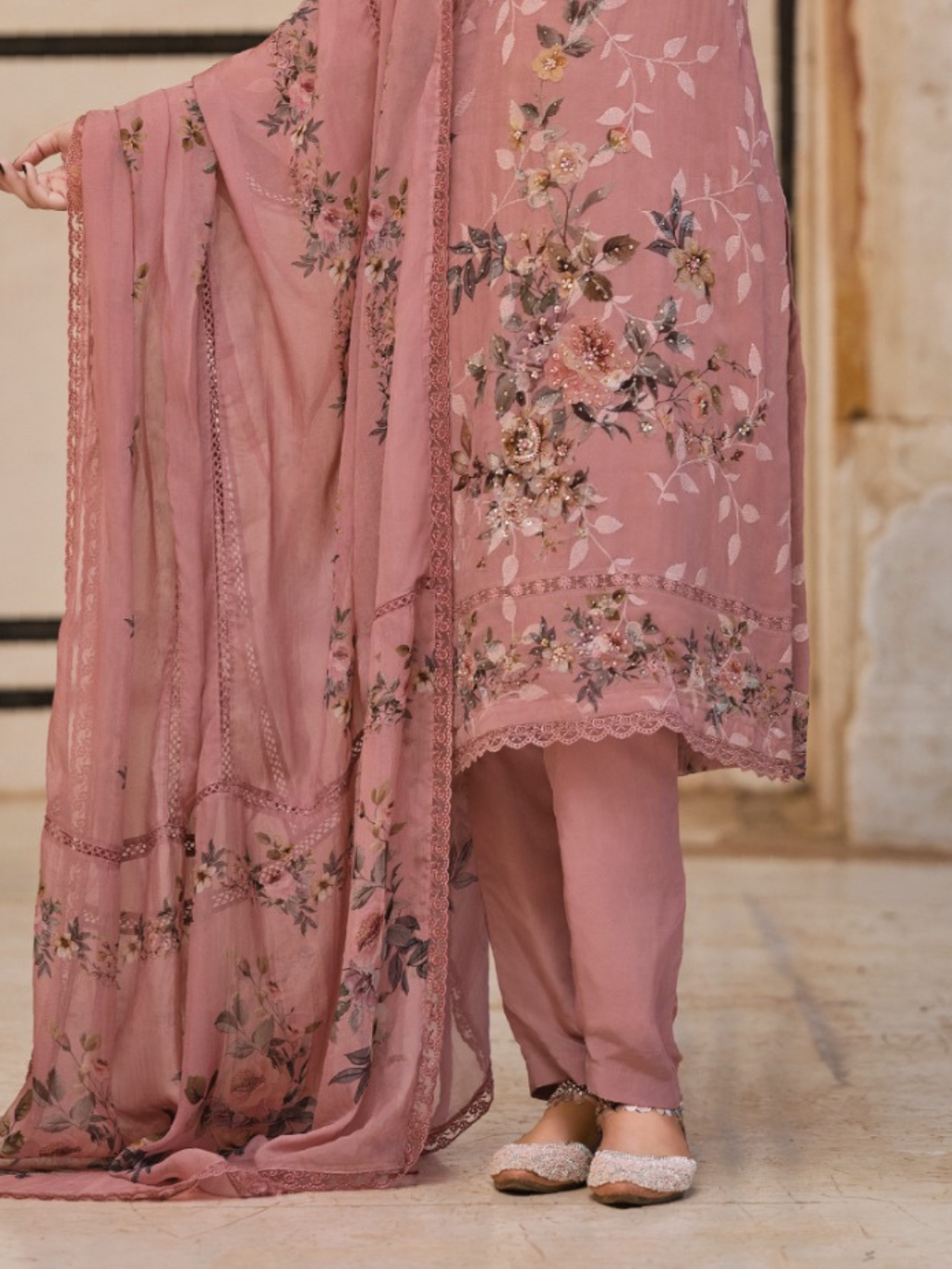 Pink Sequins Embroidered Organza Party Wear Unstitched Suit Set