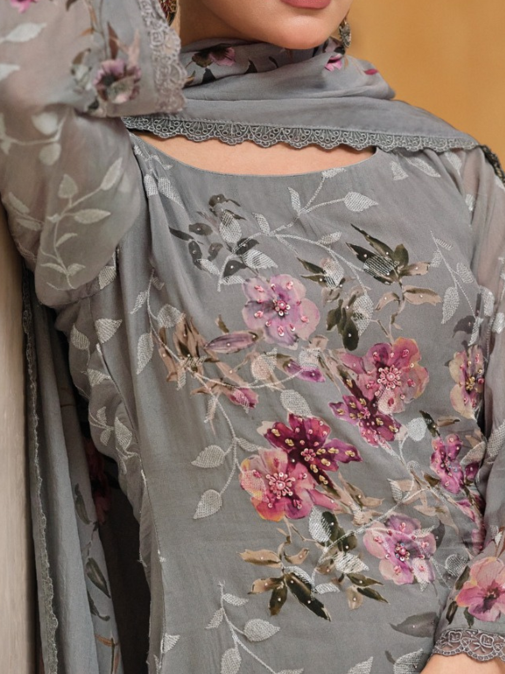 Grey Sequins Embroidered Organza Party Wear Unstitched Suit Set