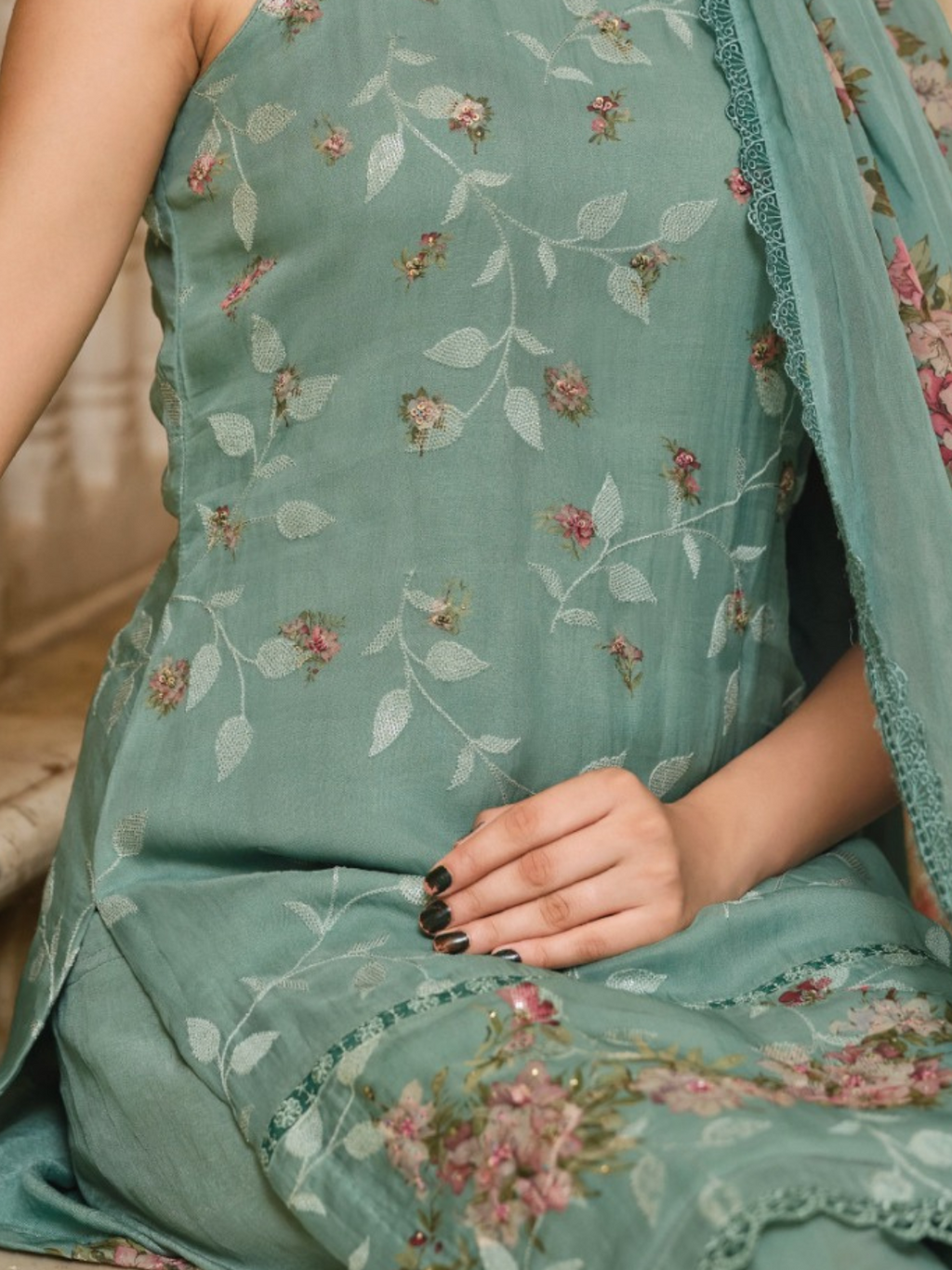 Pastel C-Green Sequins Embroidered Organza Party Wear Unstitched Suit Set