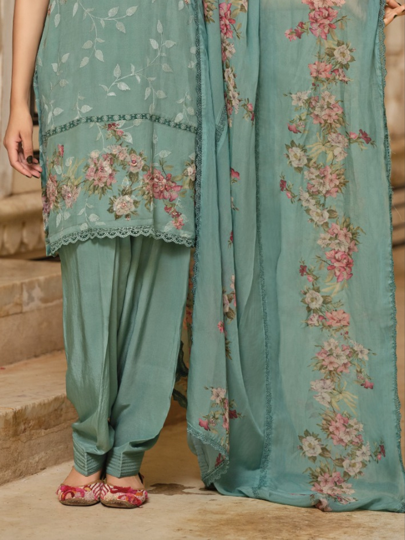 Pastel C-Green Sequins Embroidered Organza Party Wear Unstitched Suit Set