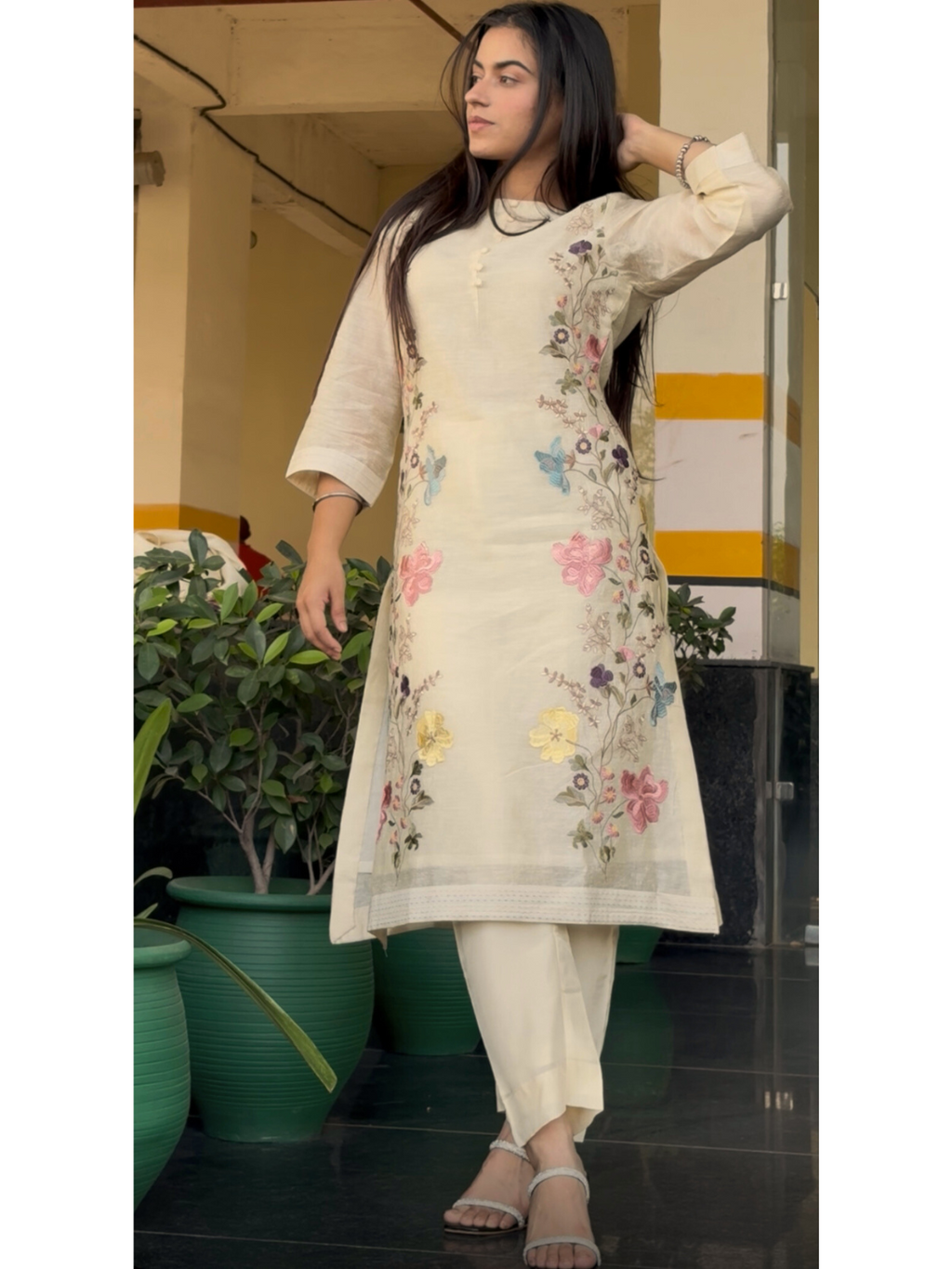 Off White Multihead-Embroidered Silk Linen Party Wear Suit Set