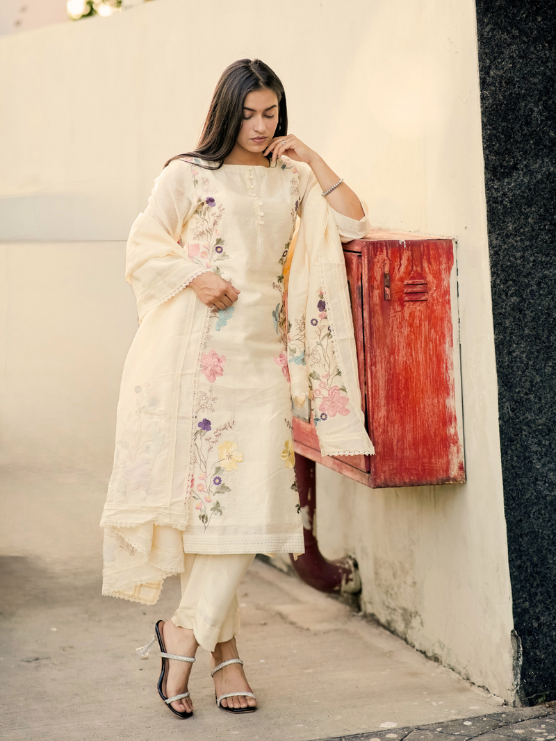 Off White Multihead-Embroidered Silk Linen Party Wear Suit Set