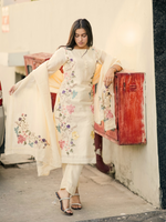 Off White Multihead-Embroidered Silk Linen Party Wear Suit Set